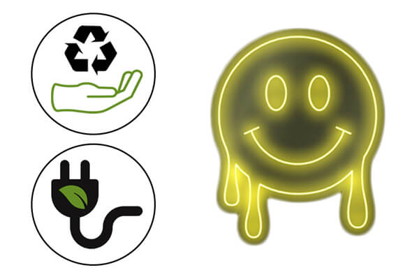 The Smiley Face Neon sign and environmental signs.