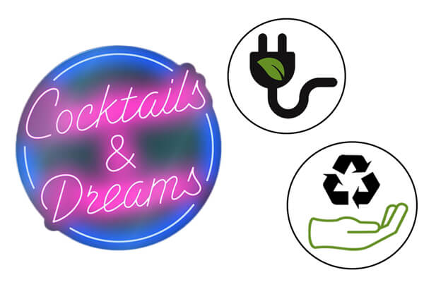 The Cocktails and Dreamns sign and environmental signs.