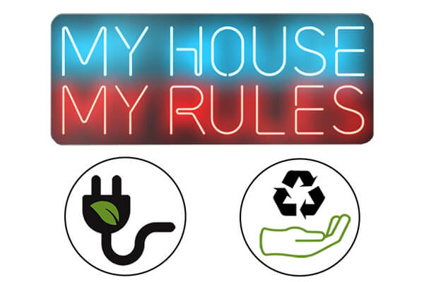 The House My Rules Neon sign and environmental signs.