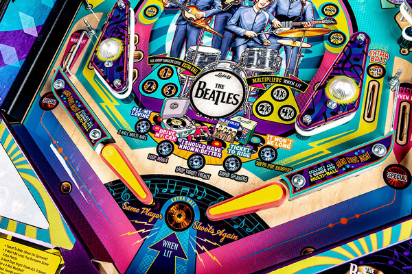 The Stern Beatles platinum pinball plyfield.