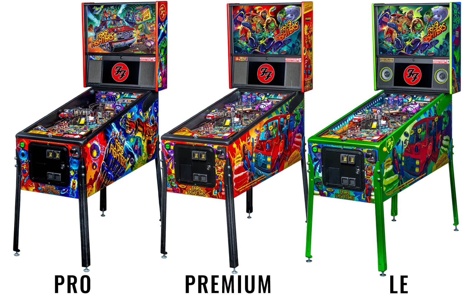 The three Foo Fighters pinball machine models.