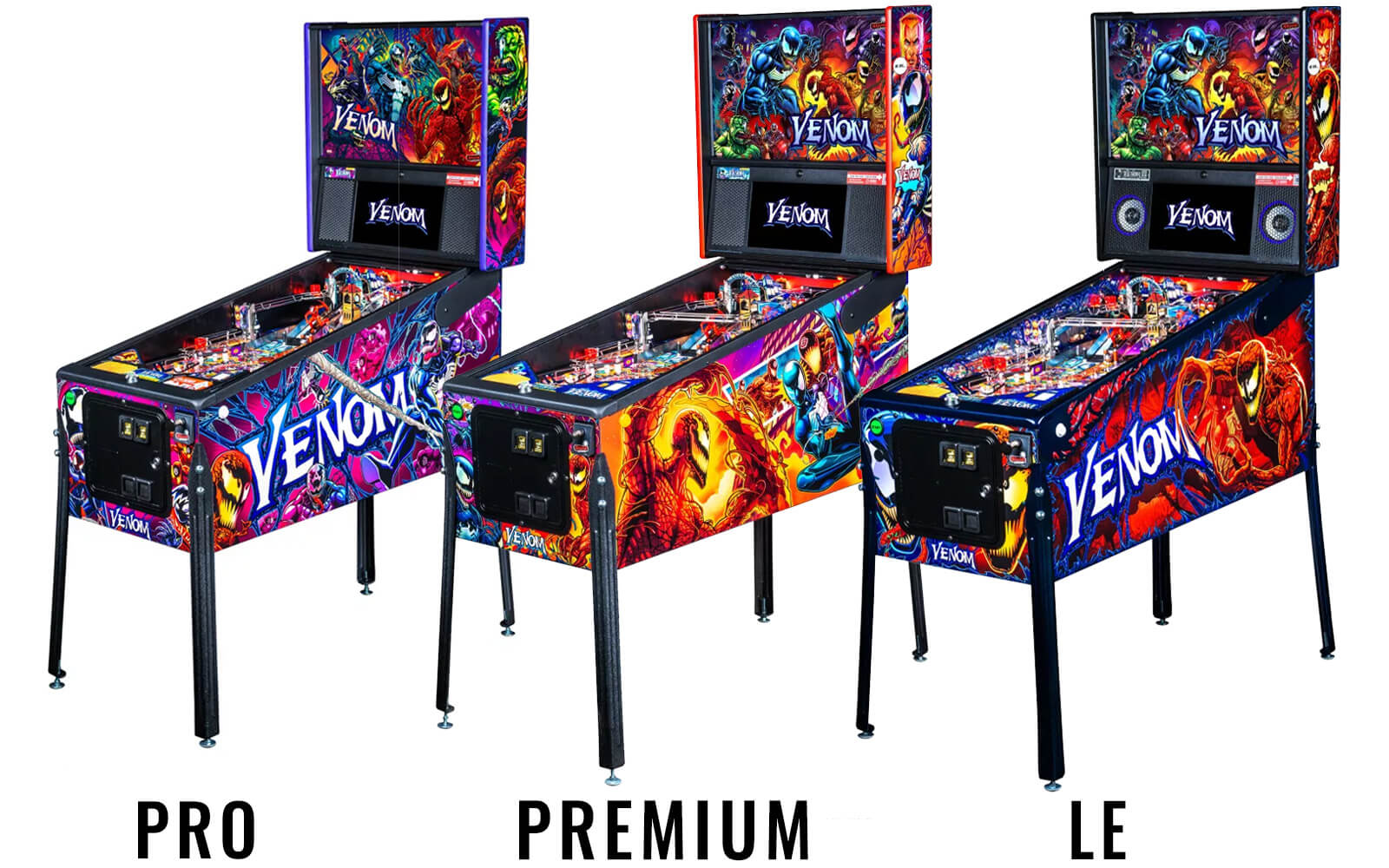 The three Venom pinball machine models.