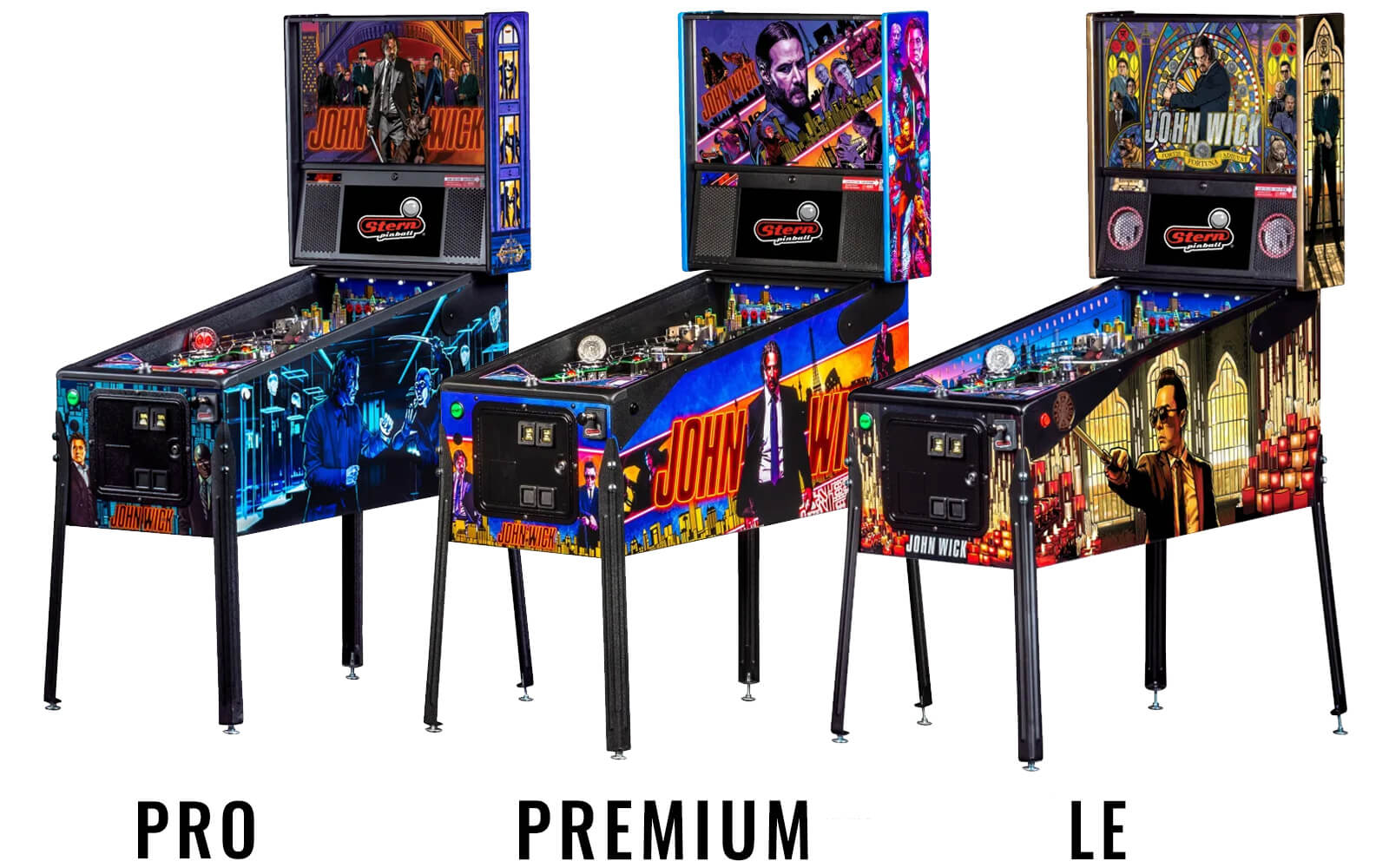 The three John Wick pinball machine models.