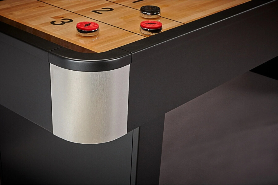The Delray Shuffleboard Table with Red & Black Gaming Weights.