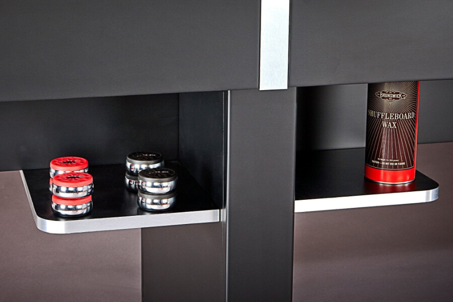 The Delray Shuffleboard Table with Storage Shelves & Accessories.