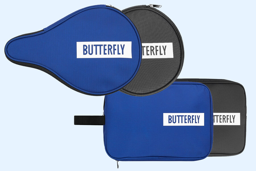 The Butterfly logo bat curve and square in blue and black table tennis cases.