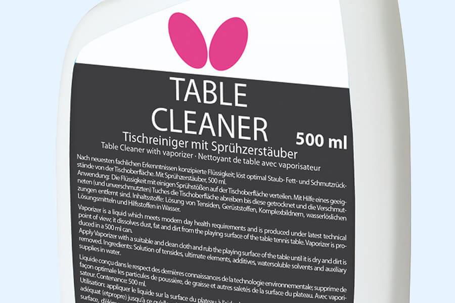 The Butterfly tennis table cleaner spray label.