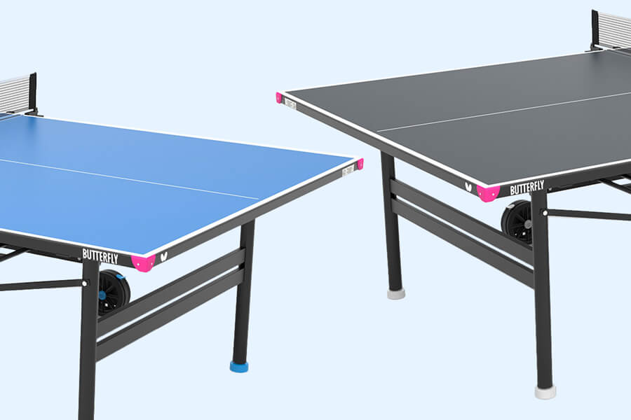 The Butterfly Spirit M6 Rollaway Outdoor tennis table colours grey and blue.