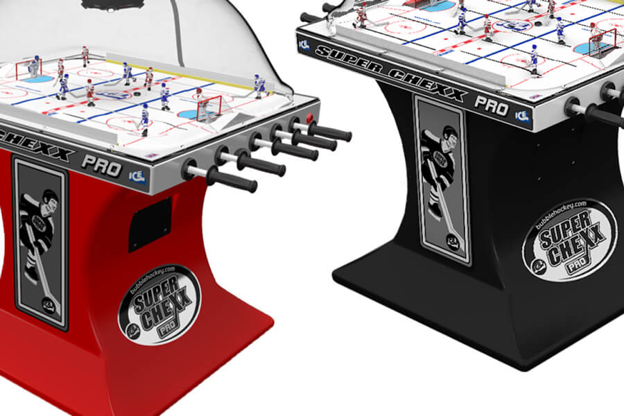 The SEGA Super Chexx Pro arcade machine cabinets in red and black.