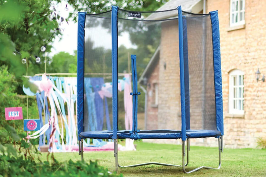 The Plum 6ft Junior Springsafe trampoline and enclosure in blue.