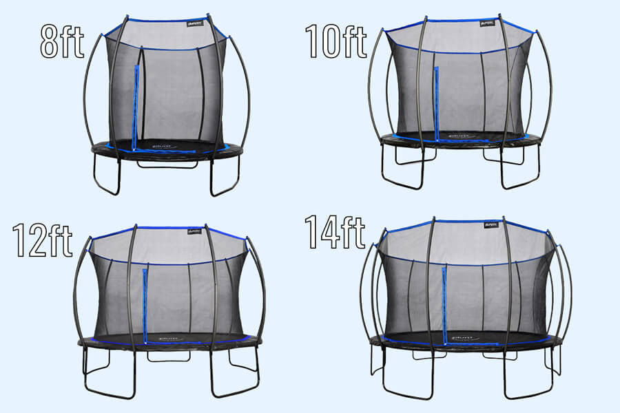 The Plum Deluxe Springsafe trampoline enclosure sizes.
