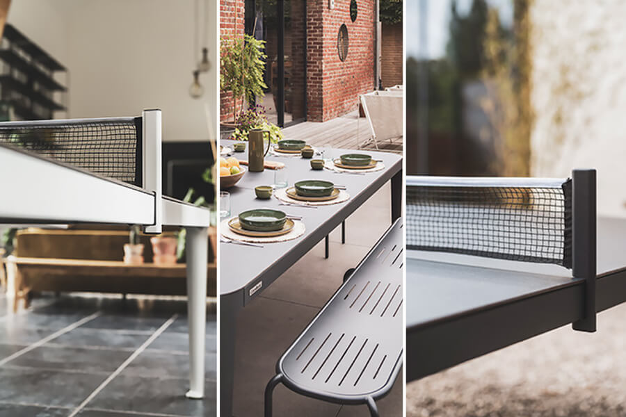 The Cornilleau Hyphen Tennis table in black and white with net and bench.