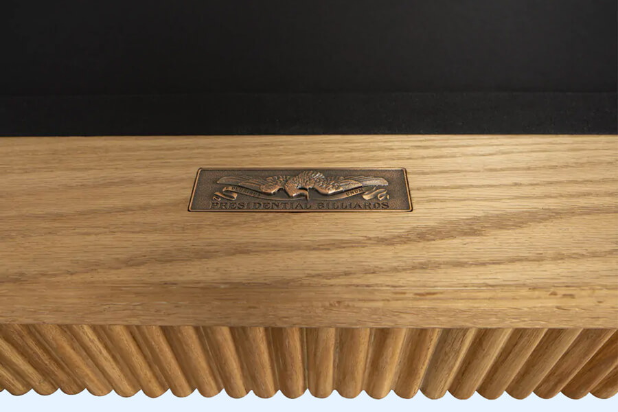 The Presidential Billiards Washington pool table brand plaque.