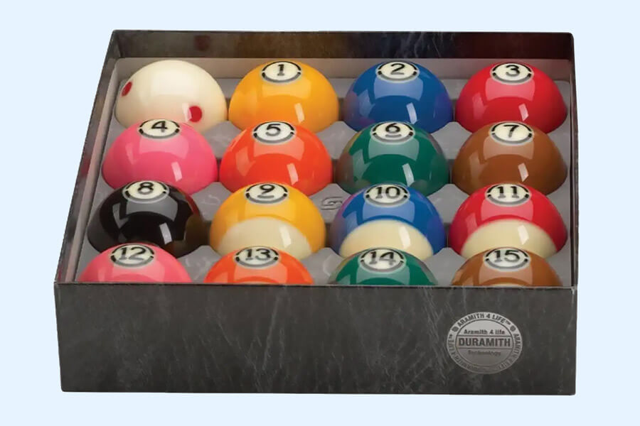 The Aramith 57.2mm Tournament Pro cup TV pool ball set.