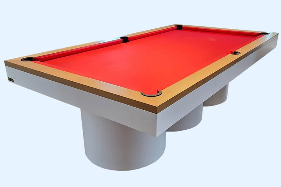 The Rome Pool dining table with red cloth.