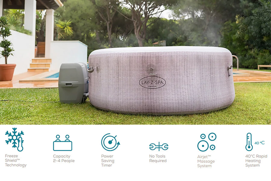 The Lay-Z-Spa Cancun AirJet Hot Tub specs.