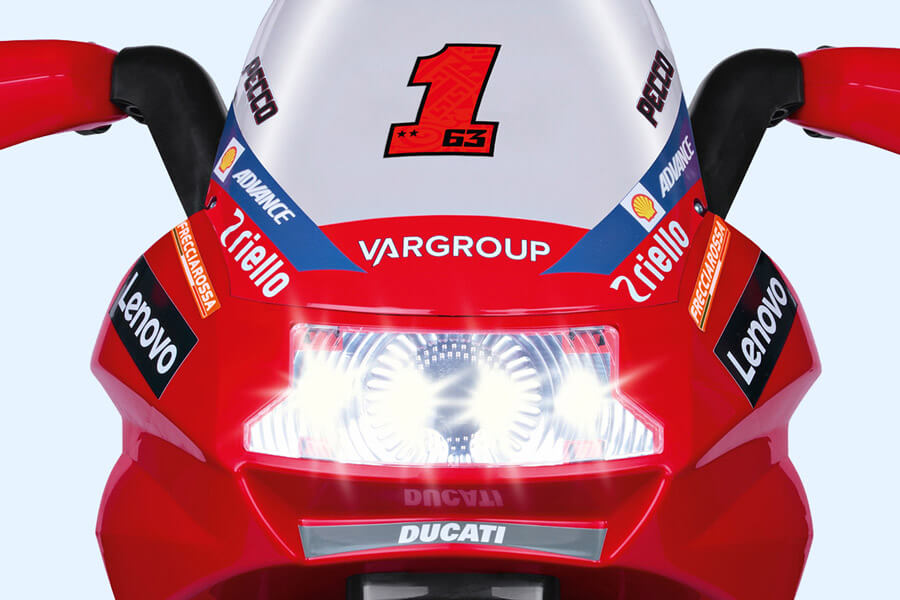 The Ducati Desmosedici EVO Ride On Motorbike front light.