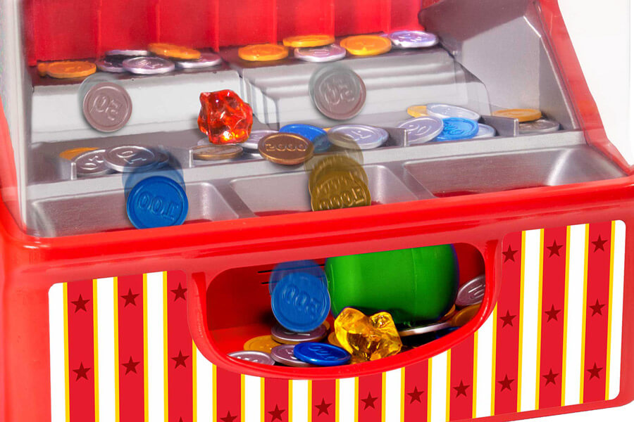 The Coin Pusher Arcade Game close up.