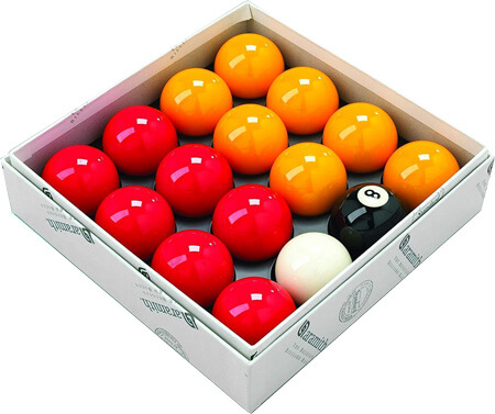 A set of British-spec Aramith red/yellow pool balls.