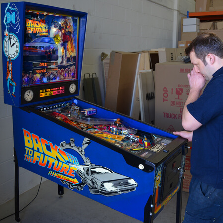 Play-testing the Back To The Future classic pinball machine.