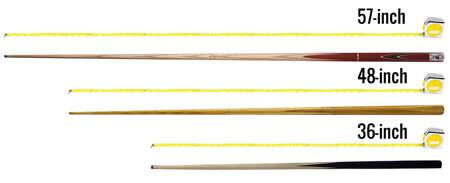 The three main sizes of pool cue.