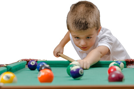 A young pool player with a 36-inch cue.