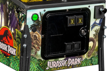 The coin door on the Stern Jurassic Park pinball machine.