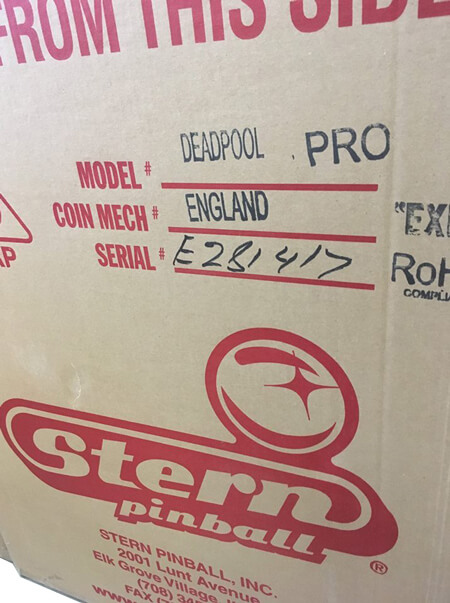 The Stern Deadpool Pro pinball in its crate.