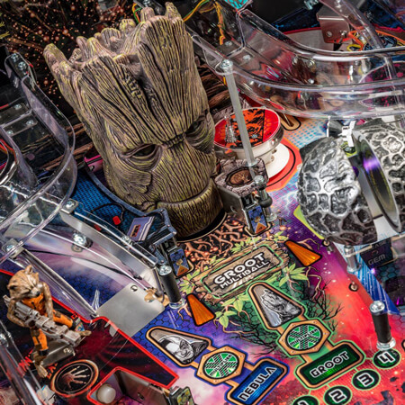 The Groot toy on the Guardians of the Galaxy pinball machine.