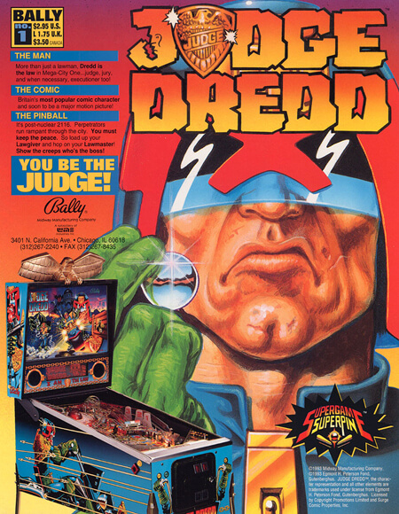 A flyer for the Judge Dredd widebody pinball machine.