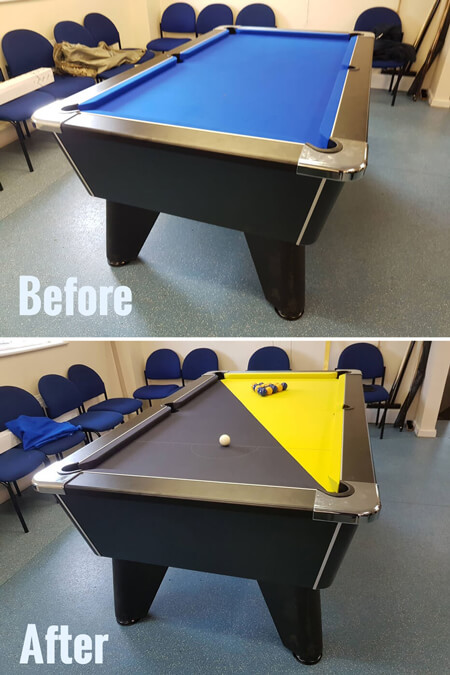 A pool table recovered with a custom cloth.