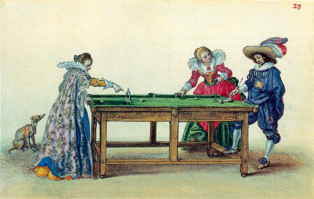 A 17th century game of snooker, played with paddles instead of cues.