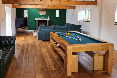 A Precision British pool table fitted with Hainsworth Smart cloth in Ranger Green.