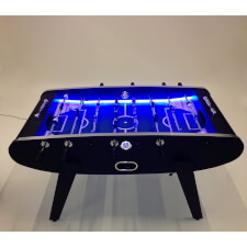The Aurora Football table in black with LEDs illuminated.