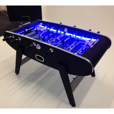 The Aurora Football table in black with LEDs illuminated.