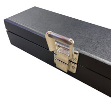 The Attache style hard case for two piece cue open.