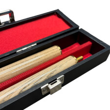 The Attache style hard case for two piece cue open.
