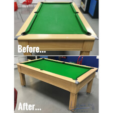 A re-cloth before and after on a slate bed pool table, by Liberty Games