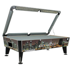 The New York pool table with its top frame open
