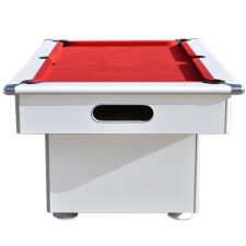 The Classic Slimline Pool Table With Red Cloth From Front.