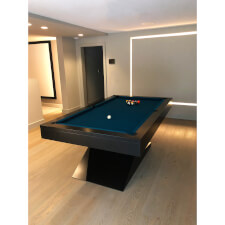 The Zen Slate Bed Pool Table With Black Matte Finish and Petrol Blue Elite Pro Cloth.
