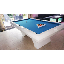 The Picasso pool table in white with blue cloth