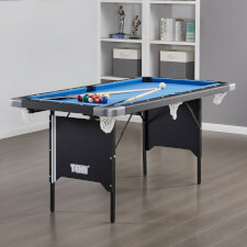 The Tekscore Folding pool table with accessories.