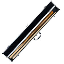 The Chrome cue case for two piece cue open.