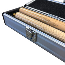 The Chrome cue case for two piece cue open.