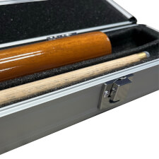 The Chrome cue case for two piece cue open.