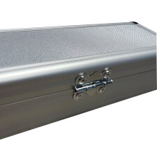 The Chrome cue case for two piece cue open.