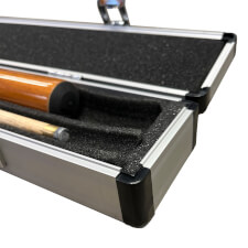 The Chrome cue case for two piece cue open.