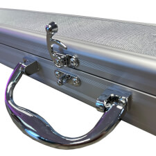 The Chrome cue case for two piece cue open.