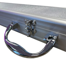 The Chrome cue case for two piece cue closed.